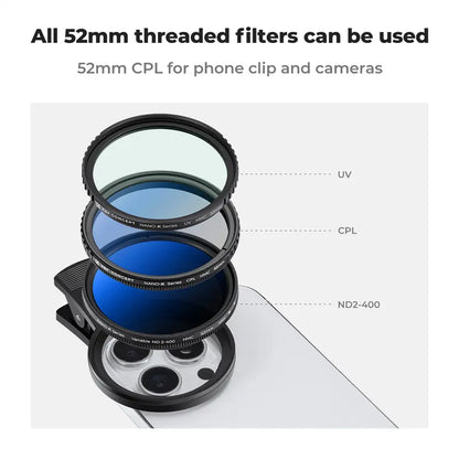 52mm Clip-on CPL Cellphone Lens Filter Kit, Circular Polarizer Photographic Kit with AGC Glass, Mobile Phone Clip-on Lens Accessory Compatible with iPhone and Smartphones