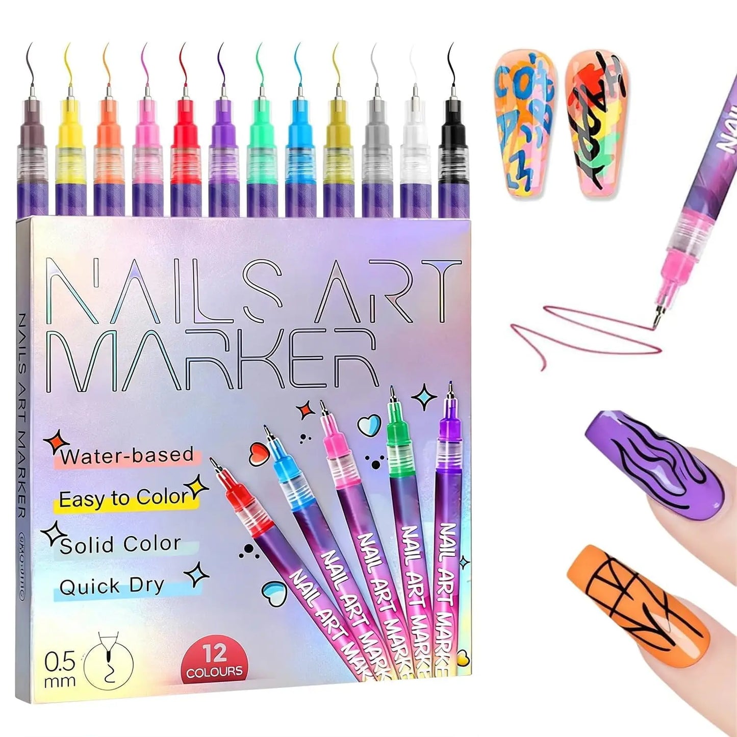 12-Color Acrylic Nail Art Pens Set, 0.5mm Fine Tip Quick Dry Waterproof DIY Kit for French Manicure, Daily Nail Care, Beginners & Teen Girls Gift