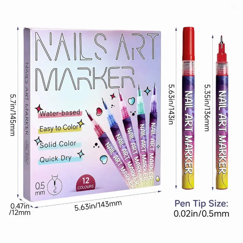 12-Color Acrylic Nail Art Pens Set, 0.5mm Fine Tip Quick Dry Waterproof DIY Kit for French Manicure, Daily Nail Care, Beginners & Teen Girls Gift