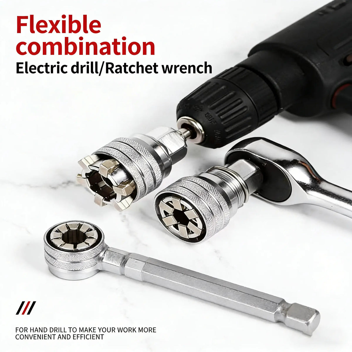 Multifunctional Universal Socket Wrench – A versatile repair tool; an adjustable universal socket compatible with 3/8-inch drive ratchets, torque wrenches, and power drills.